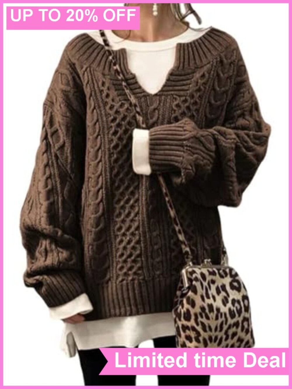 Womens Chunky V Neck Cable Knit Sweater Loose Pullover Long Sleeve